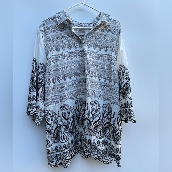 Chico’s Paisley Eyelet Black White Floral Embroidered Scalloped Shirt 3 US XL - Picture 1 of 16